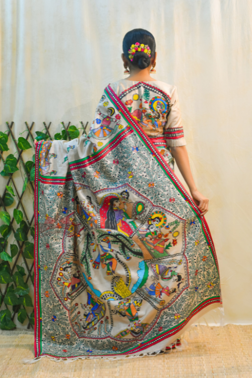 NANDGOPALA RADHA Handpainted Madhubani Tussar Silk Saree Madhubani Paints