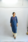 Sadhna ' Aabh' Blue - Tanka And Applique Work Long Cotton Kurta