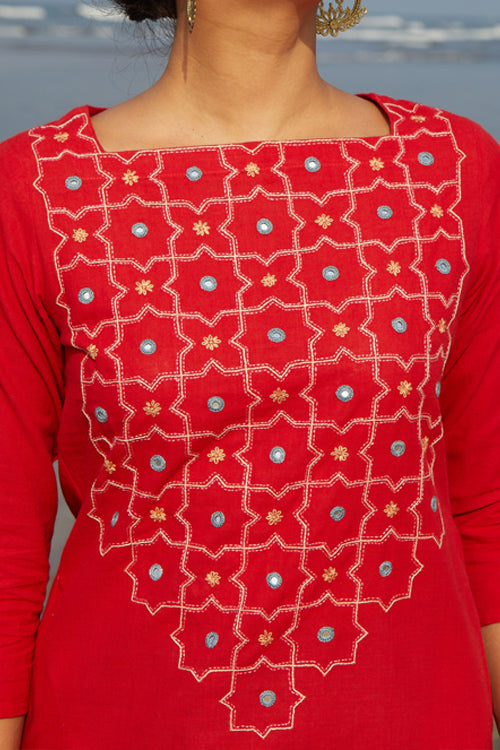 Okhai 'Juliet' Embroidered Mirror Work Cotton Handloom Long Kurta