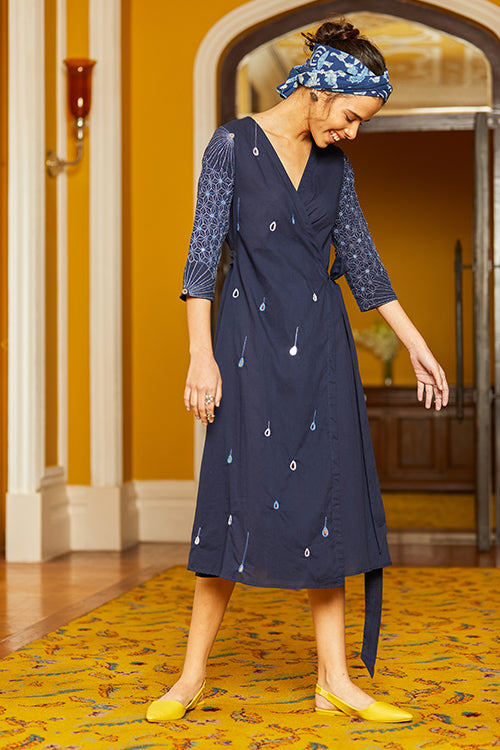 Okhai 'Trickle' Hand Embroidery Mirror Work Cotton Wrap-Around Dress | Rescue