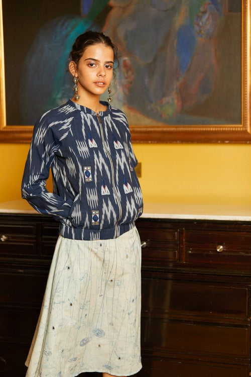 Okhai 'Rain Dance' Hand Embroidered Mirror Work Pure Cotton Ikat Jacket