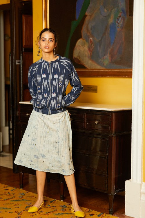 Okhai 'Rain Dance' Hand Embroidered Mirror Work Pure Cotton Ikat Jacket