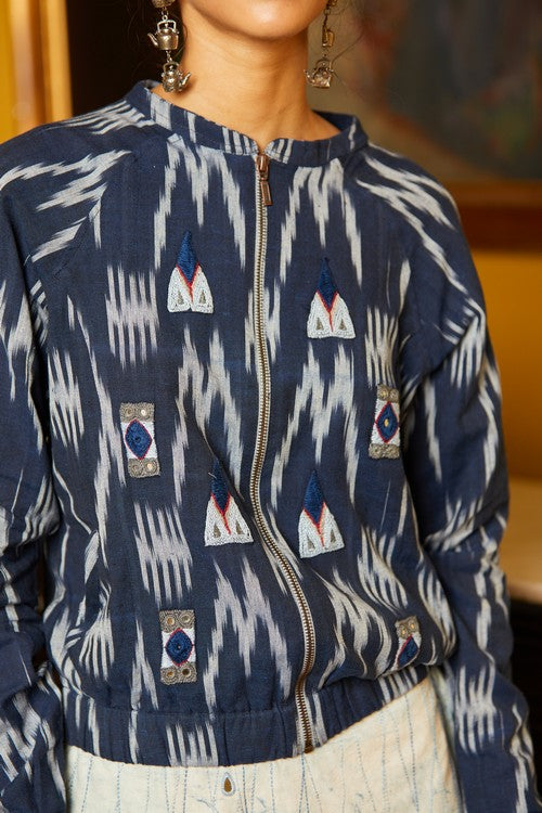 Okhai 'Rain Dance' Hand Embroidered Mirror Work Pure Cotton Ikat Jacket