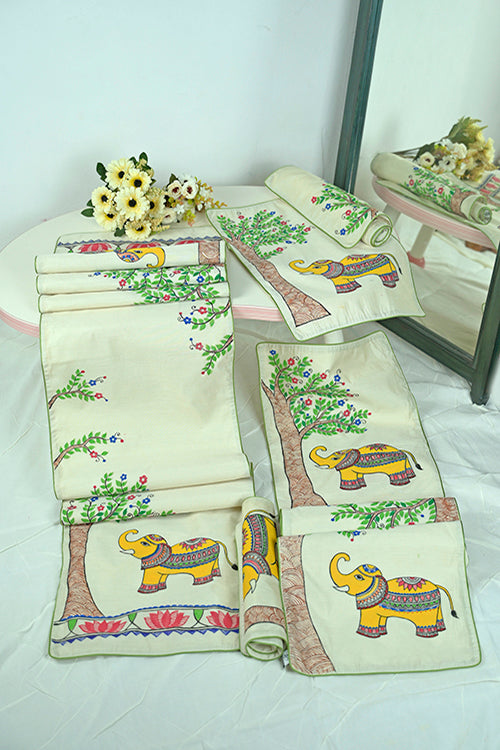Diorama Designs Chanderi Silk Handpainted Elephant Table Runner