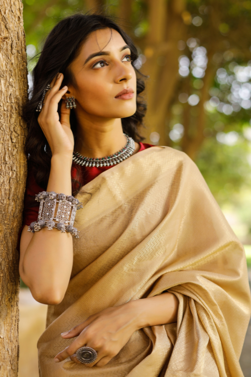 HandweaveIndia Herringbone Gold silk cotton Tissue saree