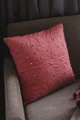 Okhai 'Home' Applique Mirror Work Pure Cotton Cushion Cover (Warm Pink)