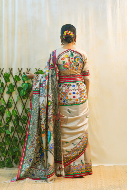 NANDGOPALA RADHA Handpainted Madhubani Tussar Silk Saree Madhubani Paints