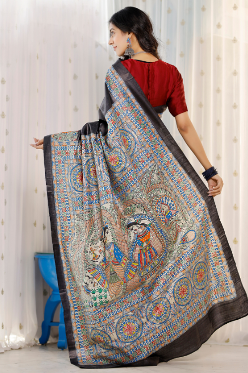 Radha Krishna Hand Painted Tussar Silk Madhubani Saree Online