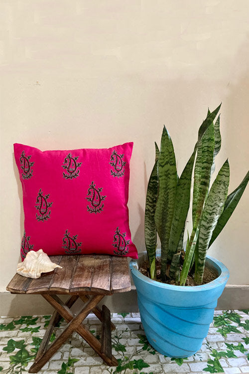 Samuday Craft Red-Handblock-Printing-With-Hand-Embroidery-Cushion-Cover