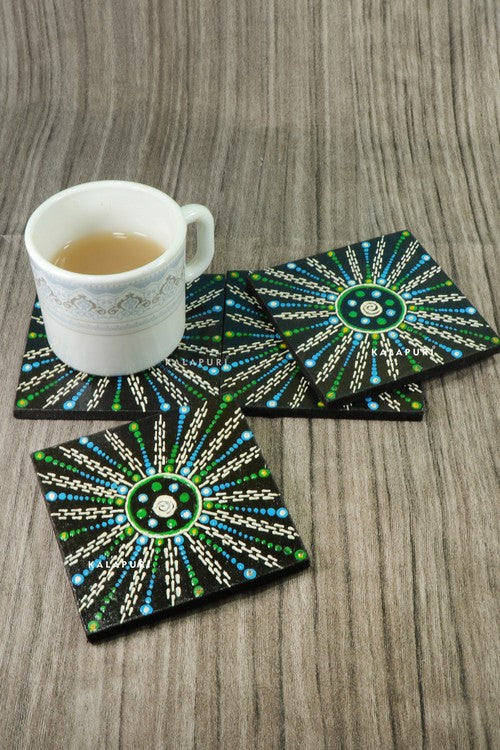 KALAPURI® Designer Handmade Wooden Coffe or Tea Coaster Set for Home Kitchen, Office Desk (Set of 6, 3.25 x 3.25Inch) with beautiful Geometric Handpainting in Blue & Green Colour Combination