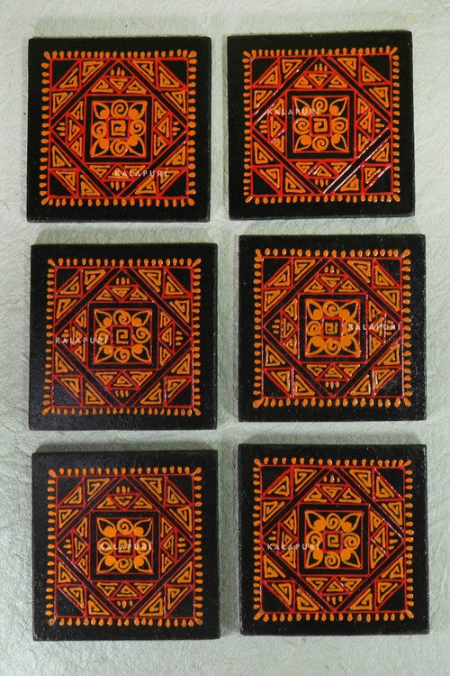KALAPURI® Designer Handmade Wooden Coffe or Tea Coaster Set for Home Kitchen, Office Desk (Set of 6, 3.25 x 3.25Inch) with beautiful Geometric Handpainting in Orange & Red Colour Combination