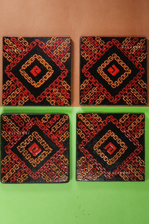 KALAPURI® Designer Handmade Wooden Coffe or Tea Coaster Set for Home Kitchen, Office Desk (Set of 6, 3.25 x 3.25Inch) with beautiful Geometric Handpainting in Red Colour