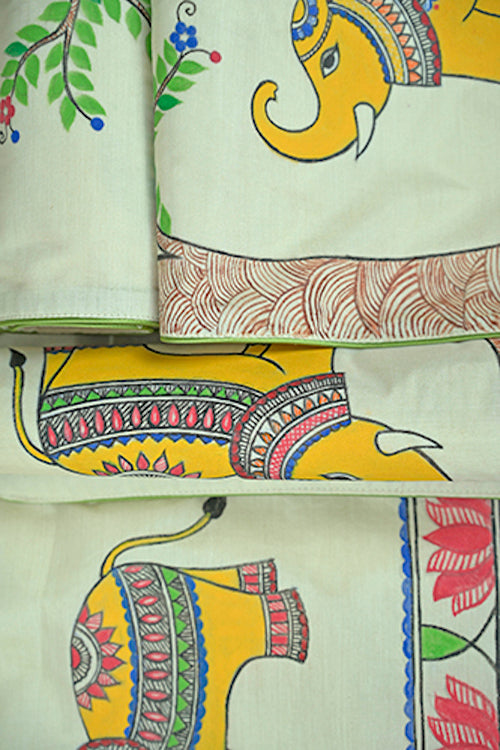 Diorama Designs Chanderi Silk Handpainted Elephant Table Runner & Mats