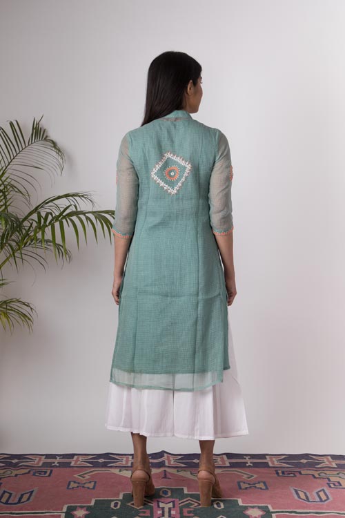 Urmul 'Rymaa' Hand Embroidered mint Kotta doriya kurti jacket . 3pc set (kurti with Slip and pant)
