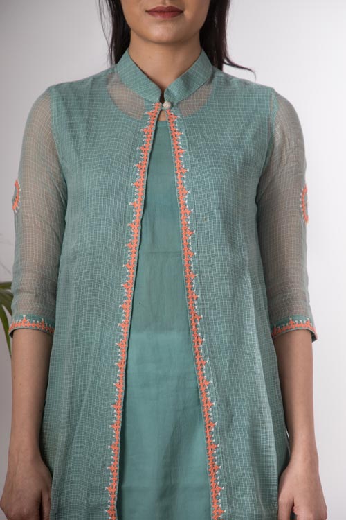 Urmul 'Rymaa' Hand Embroidered mint Kotta doriya kurti jacket . 3pc set (kurti with Slip and pant)