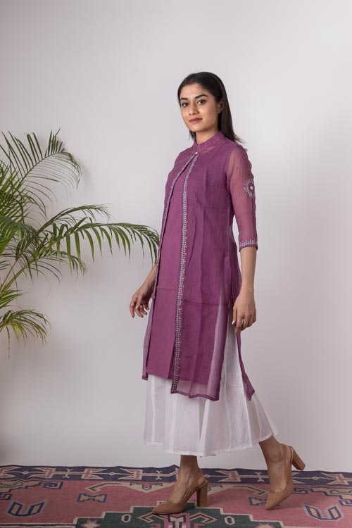 Urmul 'Aahana' Hand Embroidered purple Kotta doriya kurti jacket . 3pc set (kurti with Slip and pant)