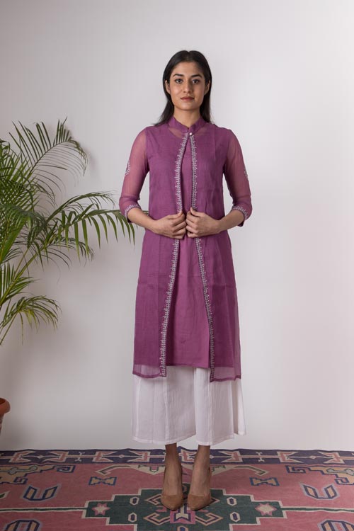 Urmul Aahana Hand Embroidered Purple Kota Doria Kurti Set For Women Online