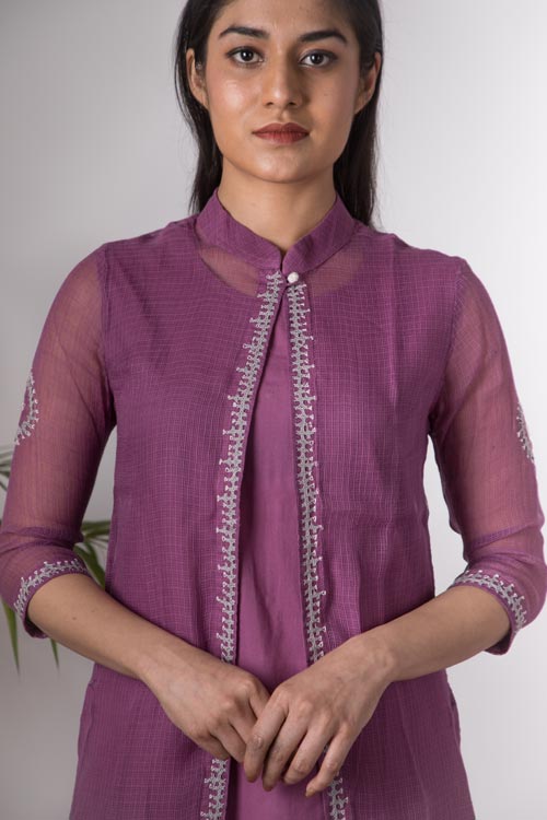 Urmul 'Aahana' Hand Embroidered purple Kotta doriya kurti jacket . 3pc set (kurti with Slip and pant)