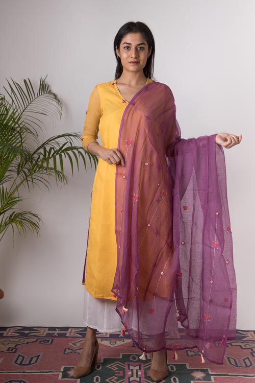 Urmul 'Alisha'Hand Embroidered yellow kotta doriya kurta . 2pc set (kurta and dupatta)