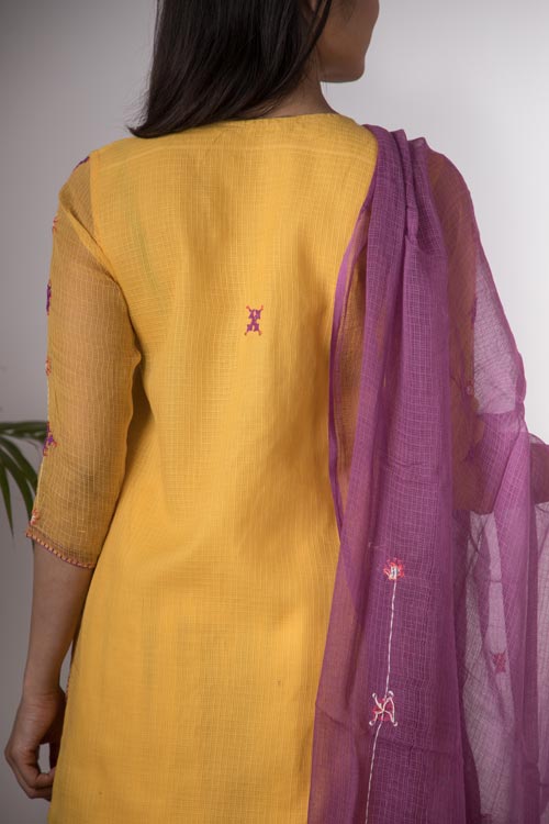 Urmul 'Alisha'Hand Embroidered yellow kotta doriya kurta . 2pc set (kurta and dupatta)