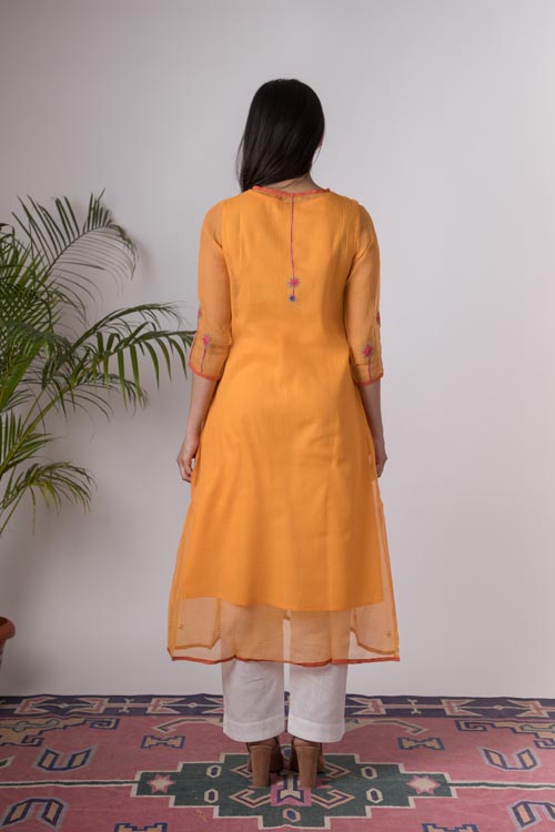 Urmul 'Aaesha'Hand Embroidered Yellow kotta doriya kurta . 3pc set (kurta along with slip and pant )