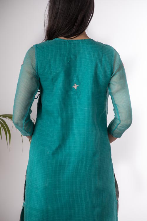 Urmul 'Isha'Hand Embroidered Teal Blue kotta doriya kurta . 3pc set (kurta along with slip and pant )