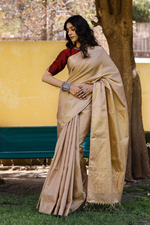 Golden colour saree online with contrast blouse