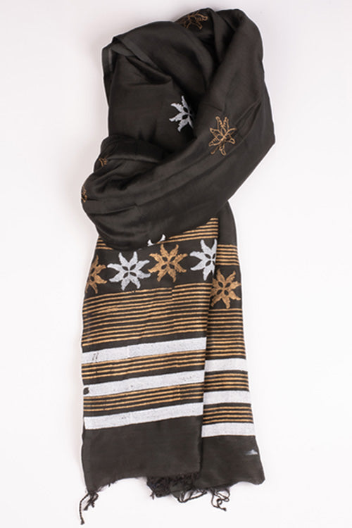 Samuday Craft Block Printed -Silk Dupatta-Brown Colour