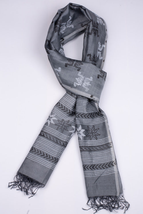 Samuday Craft Block Printed -Silk Dupatta-Grey Colour