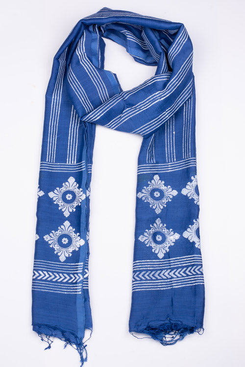 Samuday Craft Block Printed -Silk Dupatta-Blue Colour