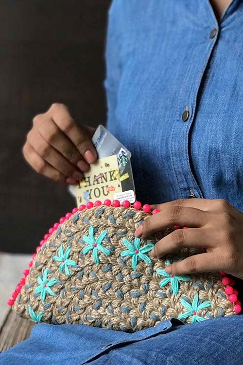 Dhaaga Handcrafts-Grey neon beads half moon clutch