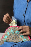 Dhaaga Handcrafts-Grey neon beads half moon clutch