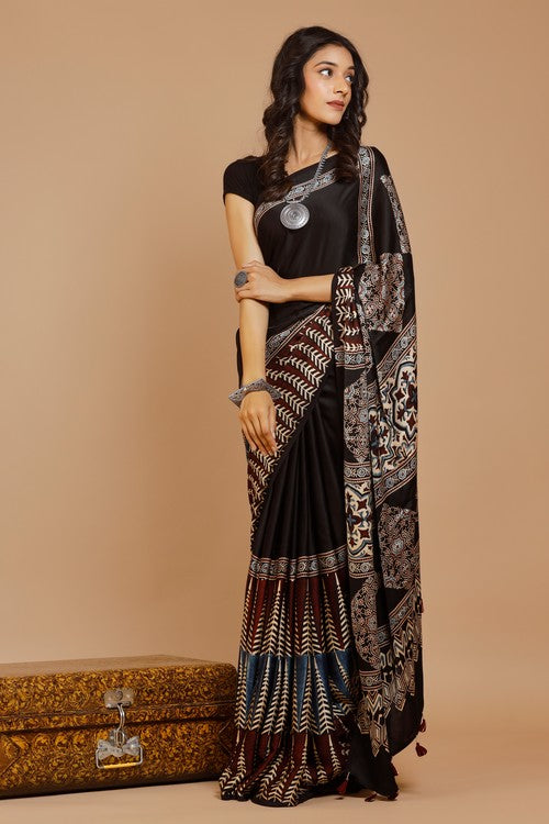 Riyaz Khatri Black Hand Block Print Modal Silk Ajrakh Saree Online
