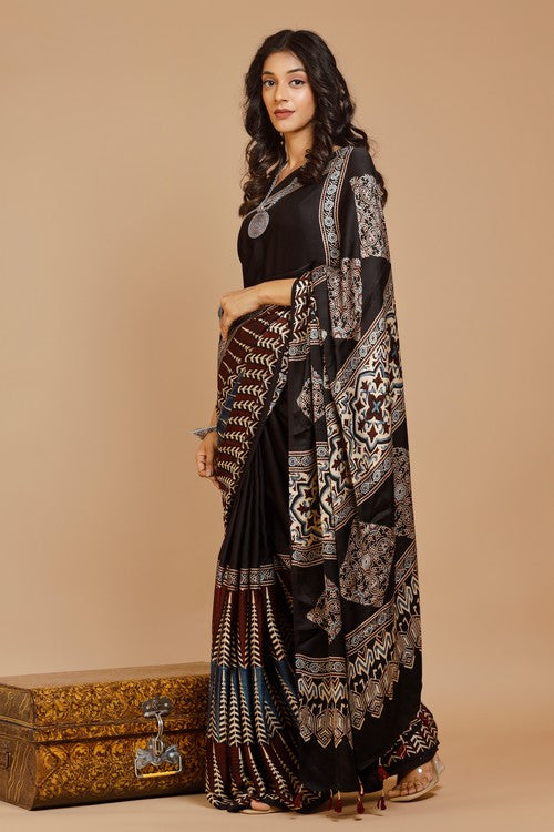Tenaaro Ajrakh Hand Block Printed   Modal Saree (Black-1)