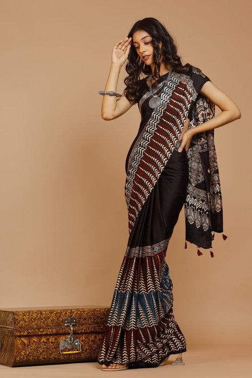 Tenaaro Ajrakh Hand Block Printed   Modal Saree (Black-1)