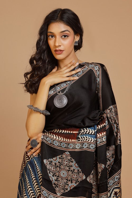 Tenaaro Ajrakh Hand Block Printed   Modal Saree (Black-1)