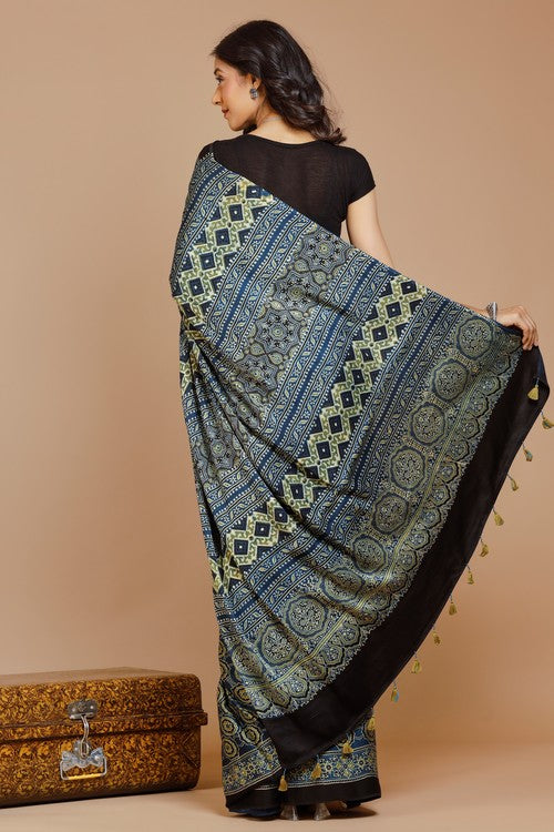 Riyaz Khatri Traditional Ajrakh Hand Block Printed  and natural Dye Modal Saree (nevy blue)