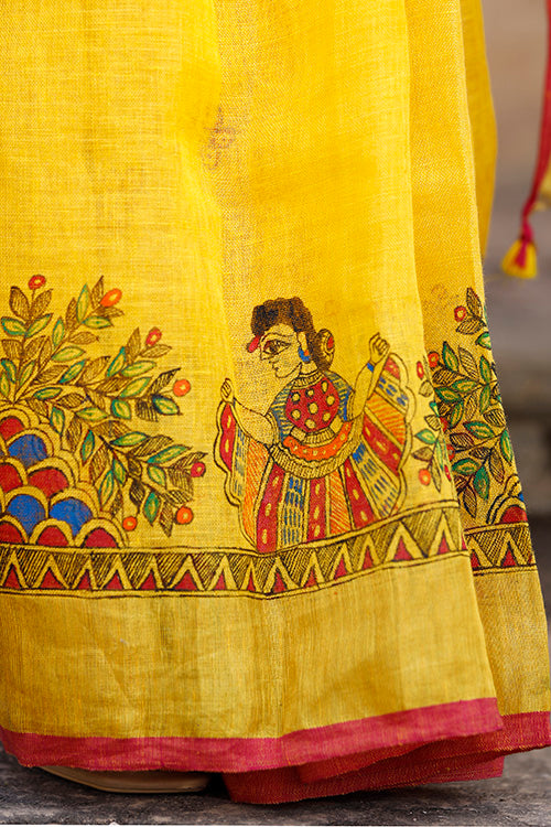 Madhubani Hand-painted Pure Linen Saree