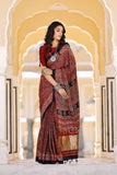 Riyaz Khatri Red Printed Modal Silk Tissue Pallu Ajrakh Saree Online