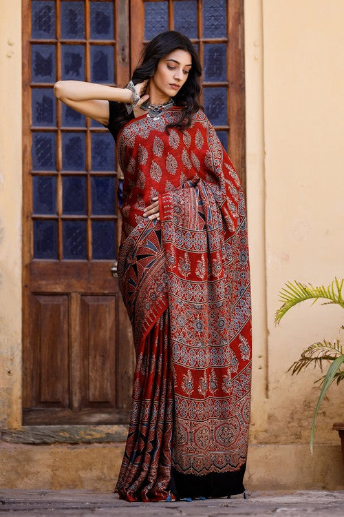 Tenaaro Ajrakh Hand Block Printed   Modal Saree (Red-3)