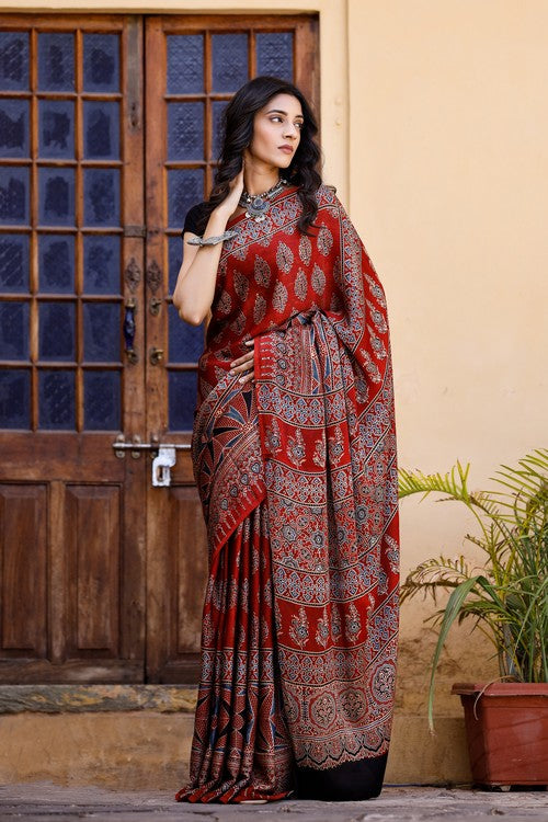 Tenaaro Ajrakh Hand Block Printed   Modal Saree (Red-3)