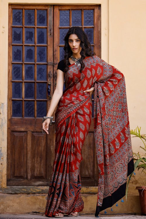 Riyaz Khatri Red Hand Block Print Modal Silk Ajrakh Saree Online