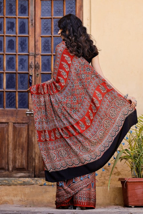 Tenaaro Ajrakh Hand Block Printed   Modal Saree (Red-3)