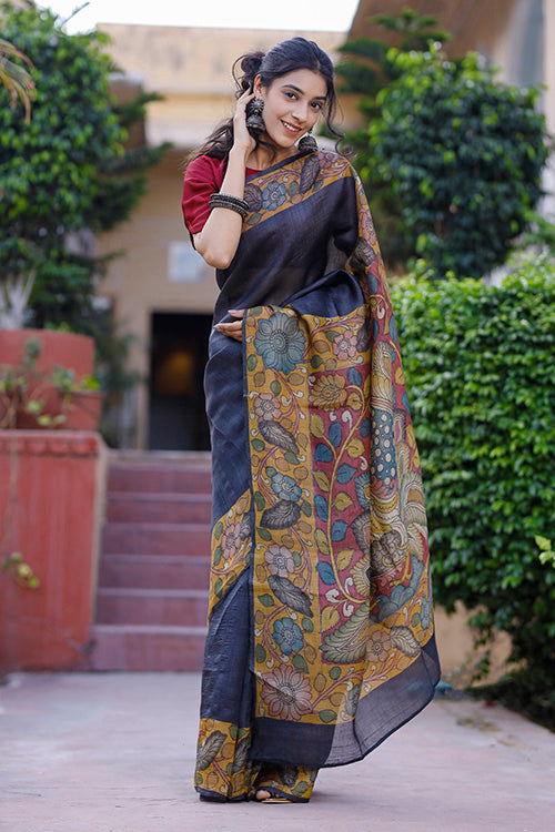 Silk Hand-painted Kalamkari Black Saree