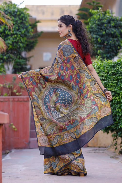 Silk Hand-painted Kalamkari Black Saree