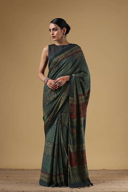 Handblock Printed Green Buta Pallav Grey Ajrakh Modal Saree Online