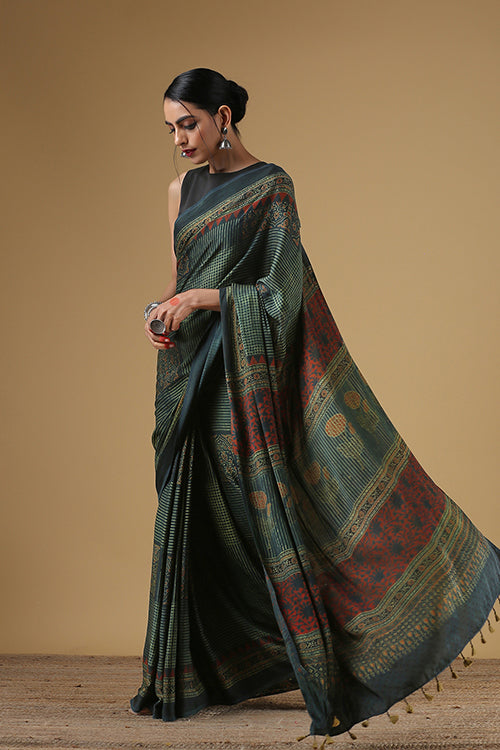 Handblock Printed Green Buta Pallav Grey Ajrakh Modal Saree Online