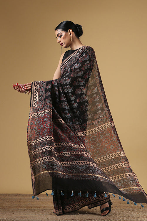 Black Ajrakh Handblock Print Chanderi Saree | Jabbar Khatri