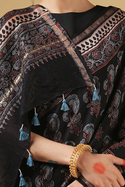 Black Ajrakh Handblock Print Chanderi Saree | Jabbar Khatri