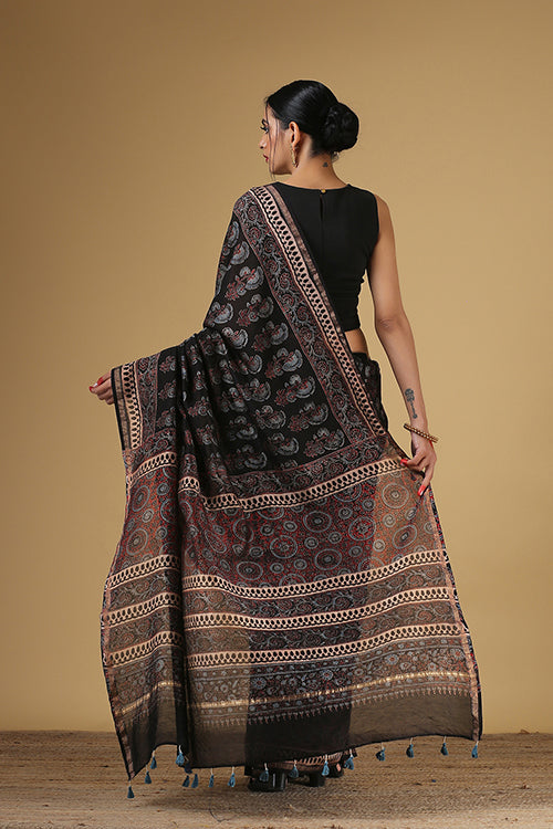Black Ajrakh Handblock Print Chanderi Saree | Jabbar Khatri